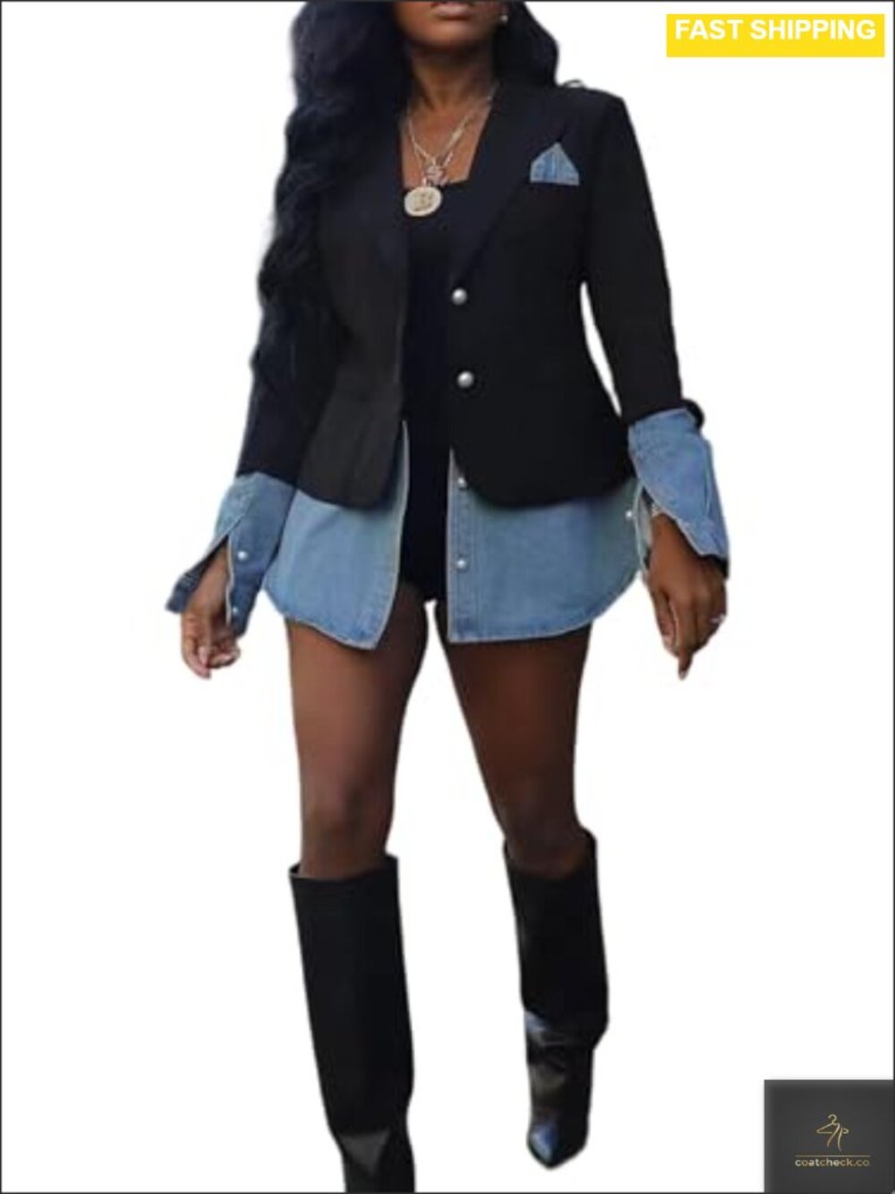 Women Denim Patchwork Blazer Long Sleeve Button Down Jacket